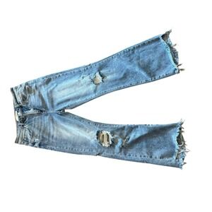 RISEN Jeans Women Size 7 Blue Distressed Flare Cropped Raw Hem Style RDP5479 Y2K